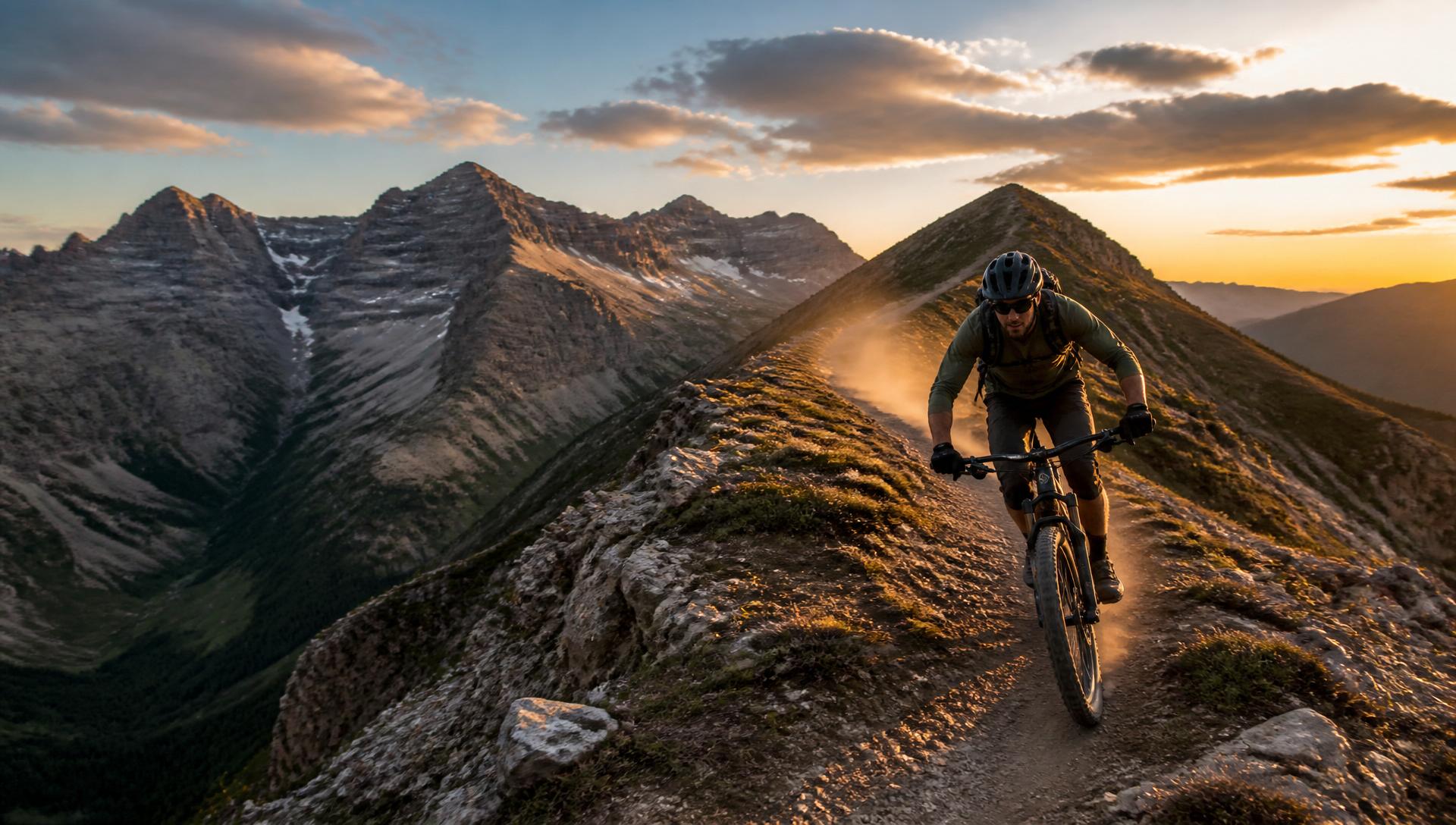 Rider on an alpine ridgeline trail at sunset